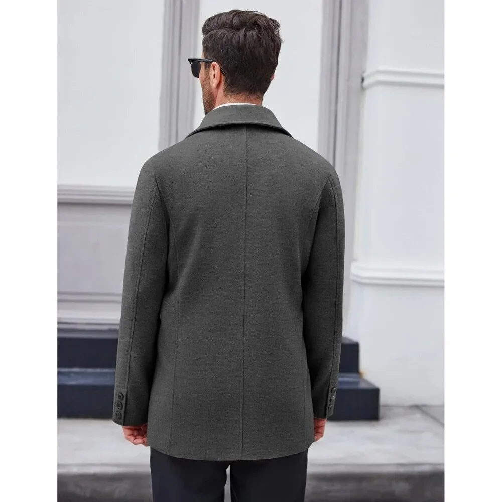 Men's Dark Grey Double Breasted Pea Coat Trench Coat Notched Collar Overcoat